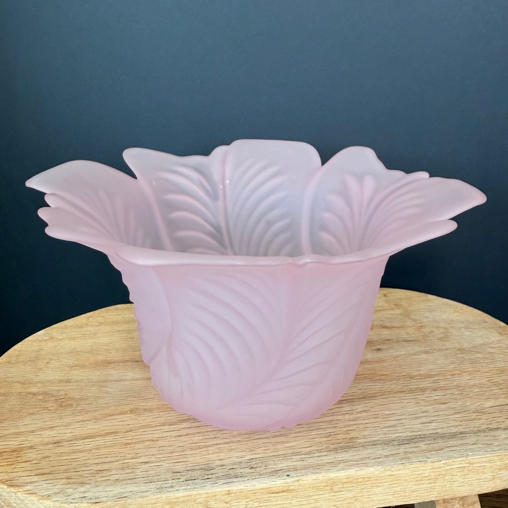 PartyLite Pink Rose Frosted Glass Lotus Flower Candle Holder Floral Centerpiece